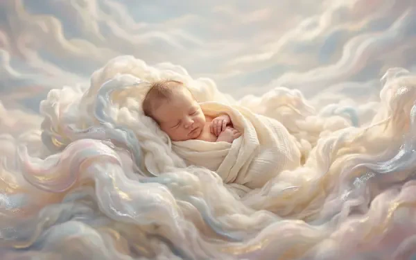 5K Ultra HD PC desktop wallpaper: a sleeping newborn swaddled in creamy, cloud-like blankets, resting among soft pastel clouds in a dreamy, ethereal scene.