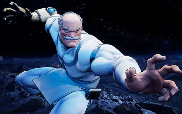 HD PC desktop wallpaper of Conquest (Invincible) from the Invincible VS video game, lunging in white armor over a cratered moon under a starry sky.