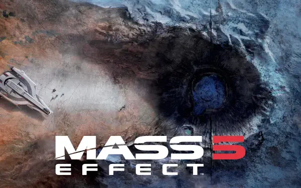 Mass Effect 5 logo over a scarred alien surface with a deep crater and a hovering ship; 4K Ultra HD PC desktop wallpaper background showcasing sci-fi video game art.