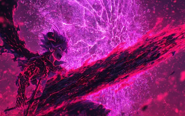 2K Quad HD pink anime wallpaper: Asta (Black Clover) aura farming with a massive broadsword amid crackling magenta energy and swirling particles.