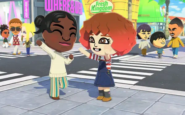 HD PC desktop wallpaper of Tomodachi Life: Living the Dream — two cheerful Miis dancing on a crosswalk in a colorful city with other characters and shops in the background.
