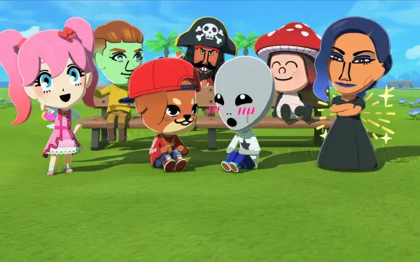 Tomodachi Life: Living the Dream HD PC desktop wallpaper featuring Tomodachi Life Mii characters — pirate, mushroom, pink-haired girl and others — gathered on a sunny park bench.