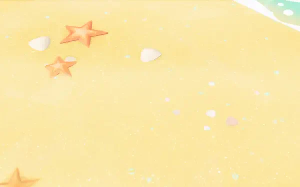 Tomodachi Life, Tomodachi Life: Living the Dream — HD PC desktop wallpaper of a pastel sandy beach with starfish, scattered shells and a gentle turquoise shoreline.