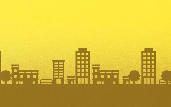 Tomodachi Life: Living the Dream HD PC desktop wallpaper — brown city skyline silhouette on a warm yellow gradient background.