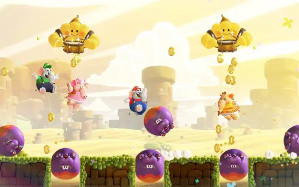 Super Mario Bros. Wonder HD PC desktop wallpaper featuring Mario, Peach and Luigi jumping across grassy platforms with purple bouncy foes, coins and winged yellow enemies under a bright sky.