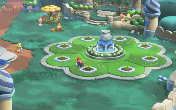 Super Mario Bros. Wonder HD PC desktop wallpaper/background showing Mario by a clover-shaped fountain plaza amid colorful mushroom buildings and lush green lawns.
