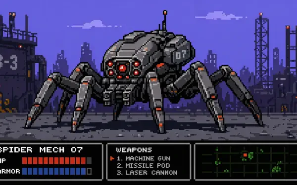 Pixel-art spider mech prowling a ruined cityscape with HUD and weapons readouts — 4K Ultra HD PC desktop wallpaper and background.