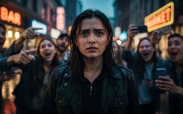 4K Ultra HD PC desktop wallpaper: a lone woman in a neon city, looking distressed while a crowd around her laughs and films her.