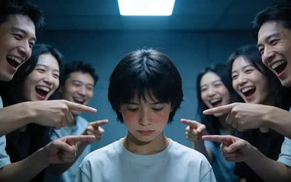 4K Ultra HD PC desktop wallpaper: a lone child looks down while surrounding figures point and laugh, capturing the mood tagged alone, laughing at me.