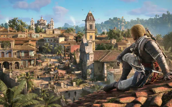 Hooded pirate assassin perched on a tiled roof overlooking a sunlit Caribbean colonial town and harbor — Assassin's Creed Black Flag Resynced 4K Ultra HD PC desktop wallpaper