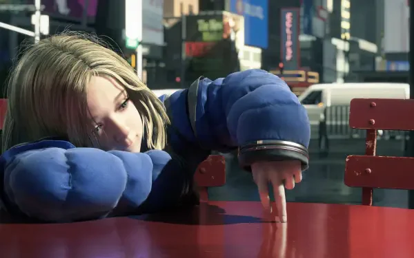 4K Ultra HD PC desktop wallpaper from video game Pragmata: Diana, a child, rests on a red table in a futuristic cityscape, tracing the surface with her finger.