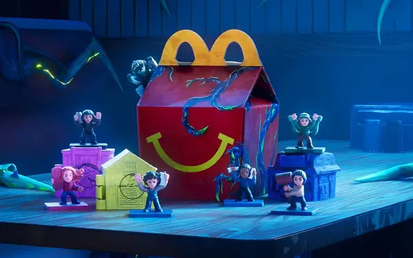 4K Ultra HD PC desktop wallpaper: McDonald's Happy Meal box at center with Stranger Things: Tales from '85 miniature characters in a spooky, toy-like crossover scene.