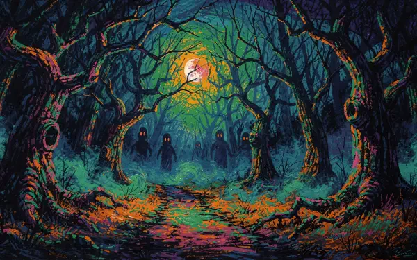 Haunted Forest 4K Ultra HD PC desktop wallpaper and background: moonlit twisted trees arch over a glowing moss path as hooded figures emerge from luminous fog.