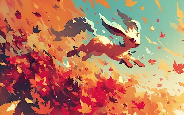 Leafeon (Pokémon) in anime style leaping through swirling red-orange autumn leaves — vibrant 2K Quad HD PC desktop wallpaper background.