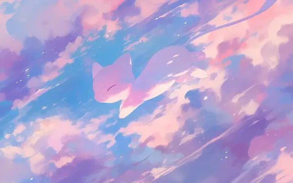 Anime-aesthetic 2K Quad HD PC wallpaper of Mew (Pokémon) drifting through soft pastel pink and blue clouds.