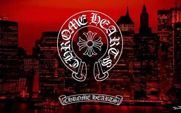 Chrome Hearts emblem with floral cross over a red city skyline — 2K Quad HD PC desktop wallpaper and background.