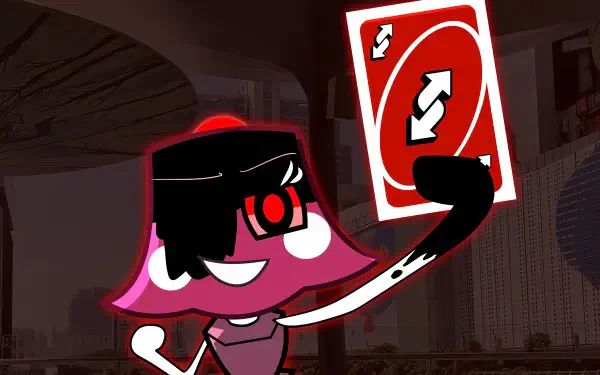 Dandy's World video game 4K Ultra HD PC wallpaper and background: grinning pink bell-shaped character with black hair and a red eye holds a red reverse-style card against a stylized cityscape.