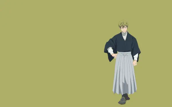 Yellow-themed 2K Quad HD desktop wallpaper of Naoya Zenin (Jujutsu Kaisen 3rd Season) in a hakama, walking against a muted yellow background.