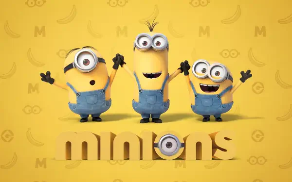 Minions (Movie) characters Kevin, Stuart, and Bob pose on a yellow banana-patterned background with the Minions logo; 4K Ultra HD PC desktop wallpaper.