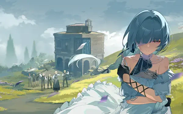 Video game 2K Quad HD wallpaper: Phrolova from Wuthering Waves sits wounded with a bandaged arm across her chest on a grassy hill, distant building and figures beneath a cloudy sky.