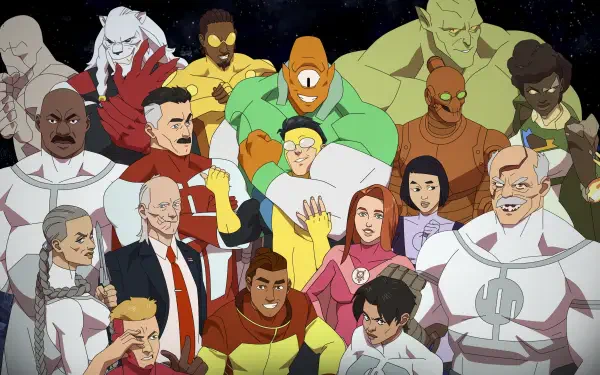 4K Ultra HD PC desktop wallpaper and background featuring all characters from the TV show Invincible in a cartoon group portrait set against a starry space backdrop.