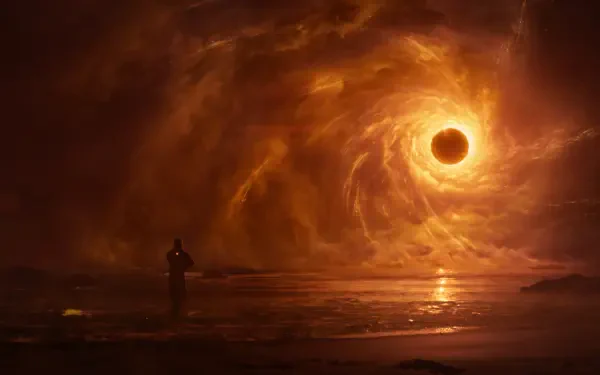 4K Ultra HD PC desktop wallpaper for the video game Saros: lone figure on a beach watches a fiery spiral sun/black hole over the ocean, casting molten reflections.
