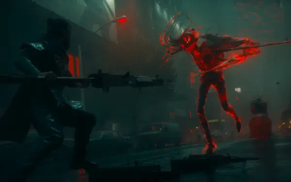 4K Ultra HD PC desktop wallpaper — Dark Gaming Control Resonant boss fight: silhouetted shooter aims a rifle at a red-glowing humanoid enemy amid a ruined, dim industrial chamber.
