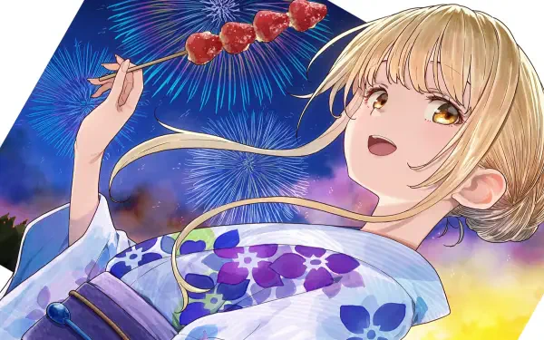 HD PC desktop wallpaper of Mahiru Shiina from The Angel Next Door Spoils Me Rotten: she smiles in a floral yukata, holding strawberry skewers as fireworks light the summer night.