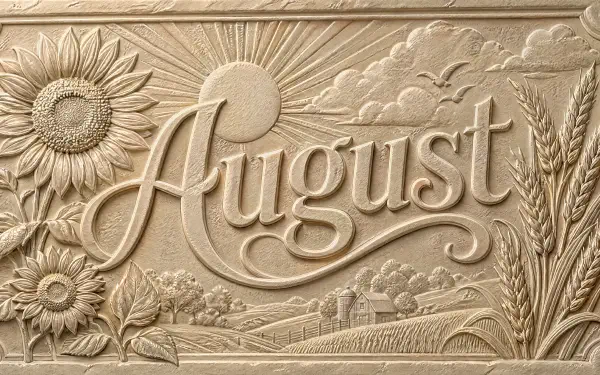 4K Ultra HD PC Desktop Wallpaper and Background: embossed sandstone relief reading August with sun, sunflowers, wheat, birds and rolling fields in carved detail.