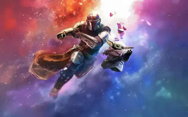 5K Ultra HD PC desktop wallpaper of the Mandalorian carrying Grogu through a vibrant, colorful nebula with stars and glowing cosmic light.