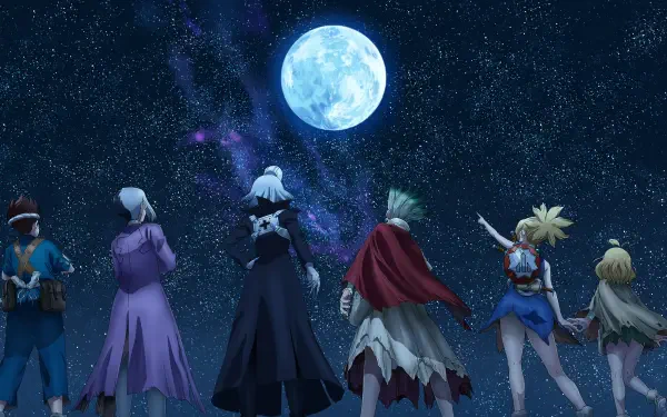 Anime — Dr. Stone 2K Quad HD PC desktop wallpaper/background: characters stand with backs to viewer, gazing at a bright full moon and a Milky Way–filled starry night sky