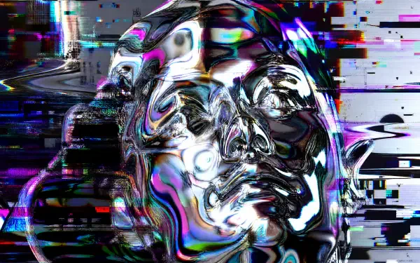 4K Ultra HD desktop wallpaper: abstract chrome liquid-metal humanoid face with rainbow reflections and digital glitch streaks on a dark background.