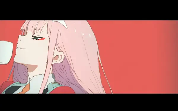 Zero Two (Darling in the FranXX) in profile with pink hair and a sly smile against a coral-red backdrop — ultrawide 2K Quad HD anime PC desktop wallpaper.