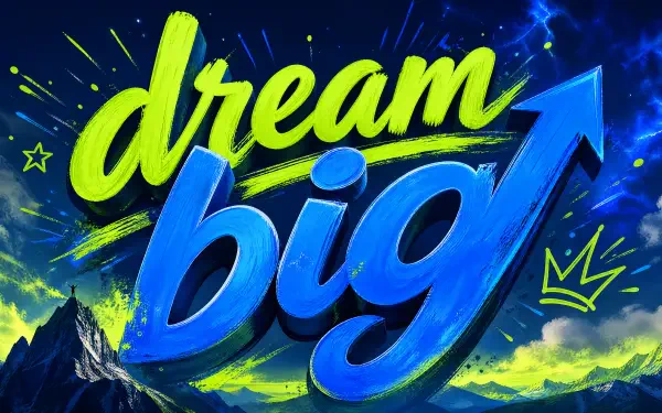 Bold neon dream big lettering with an upward arrow over a cosmic blue-green mountain landscape — 4K Ultra HD PC desktop wallpaper background.
