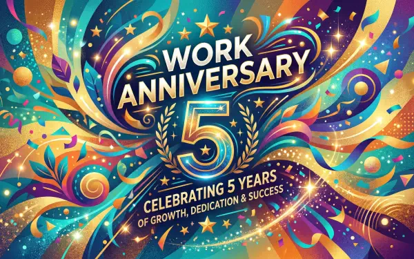 Vibrant 5K Ultra HD PC desktop wallpaper celebrating a 5-year work anniversary with Work Anniversary headline, laurel wreath, stars and colorful swirling confetti.