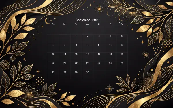 September 2026 calendar on a black grid framed by ornate gold leaves and flowing ribbons — 5K Ultra HD PC Desktop Wallpaper and Background.