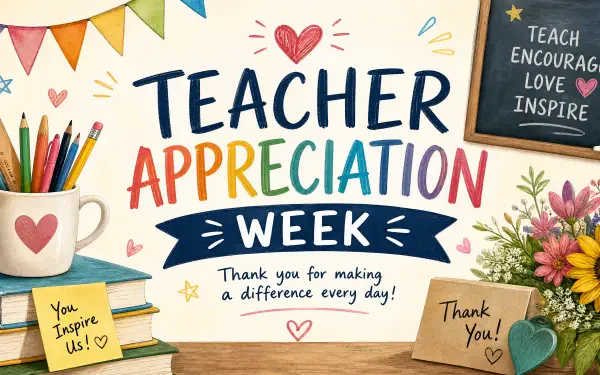 4K Ultra HD PC desktop wallpaper showing Teacher Appreciation Week in colorful letters, heart, pencils, mug, chalkboard reading Teach Encourage Love Inspire, thank-you notes and flowers.
