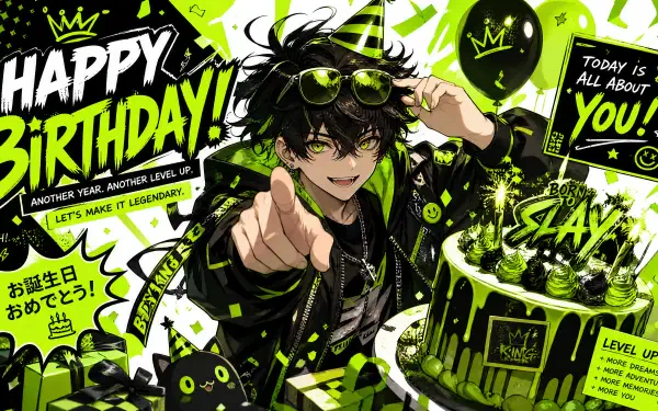 Vibrant anime birthday 4K Ultra HD PC desktop wallpaper: grinning dark-haired character in party hat points at viewer amid neon green-and-black cake, balloons, confetti and 'Happy Birthday' text.