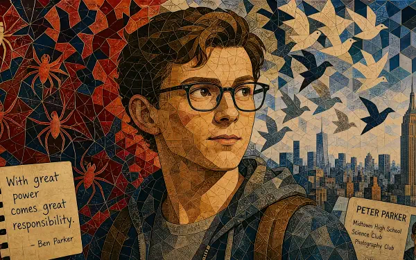 4K Ultra HD PC desktop wallpaper: mosaic-style portrait of Peter Parker in glasses and backpack against a city skyline with birds and spider motifs.