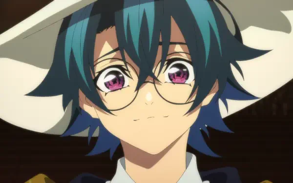 HD PC desktop wallpaper: Will Serfort from Wistoria: Wand and Sword — close-up of anime character with blue hair, pink eyes, glasses and white wizard hat.