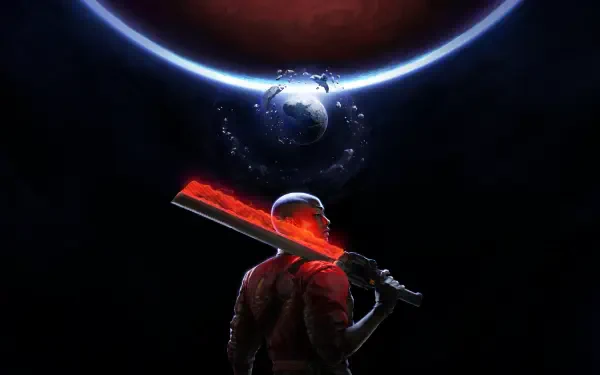 Silhouetted heretic warrior with a glowing red blade faces a ringed planet and small Earth-like moon; 4K Ultra HD PC desktop wallpaper from the video game Intergalactic: The Heretic Prophet.