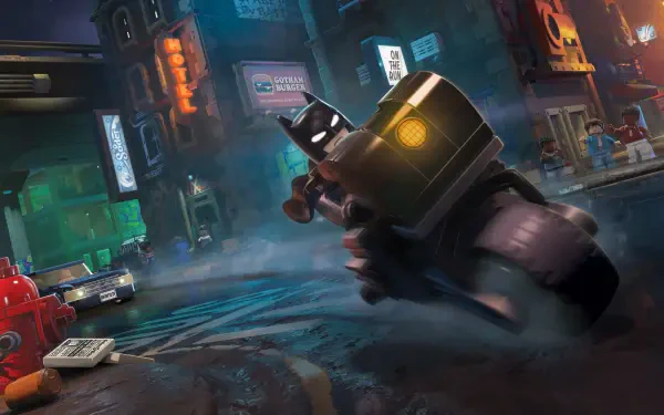 Lego Batman: Legacy of the Dark Knight video game 4K Ultra HD PC wallpaper — Lego Batman racing a Batcycle through rain‑slick, neon‑lit Gotham streets.