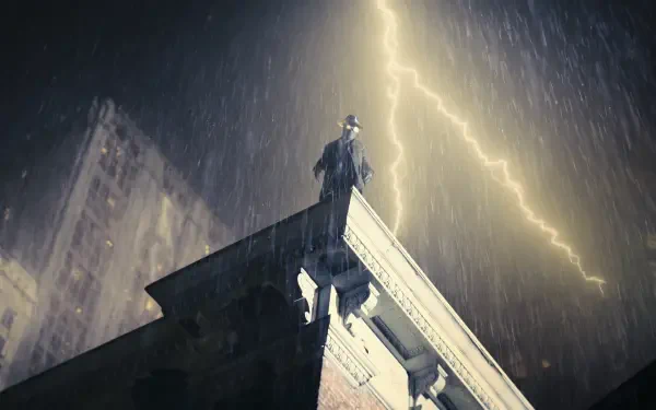 Spider-Man Noir (TV show) perched on a rain‑slick rooftop as lightning forks the sky — 2K Quad HD PC desktop wallpaper