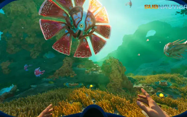 Video game Subnautica 2 4K Ultra HD PC desktop wallpaper and background: first-person underwater scene with outstretched hands, colorful coral and a large fan-like bioluminescent creature approaching.