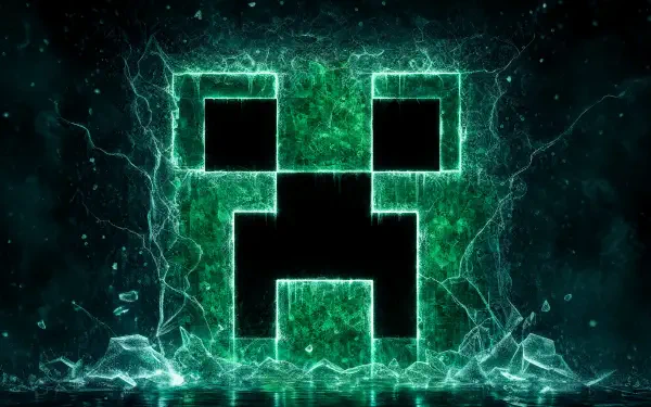 Neon green Minecraft Creeper face formed from electric shards and glowing mist — 4K Ultra HD PC desktop wallpaper/background.