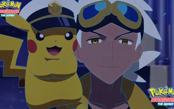 4K Ultra HD PC desktop wallpaper from Pokémon Horizons: The Series showing Pikachu perched on a goggled trainer's shoulder against a starry night backdrop, with series logos in the corners.