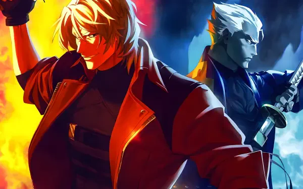 Anime 5K Ultra HD PC desktop wallpaper of Dante (Devil May Cry) from Devil May Cry (Anime): red-jacketed Dante bathed in fire with a blue-toned rival standing behind him.