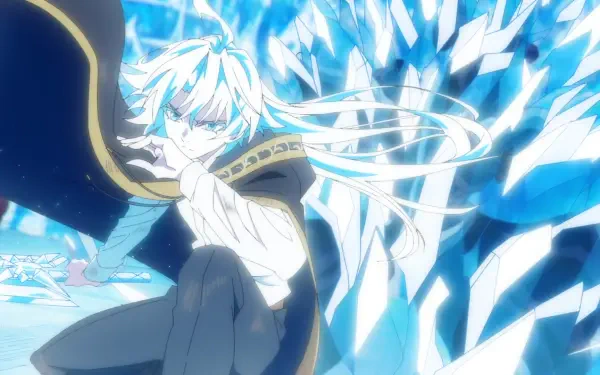 HD PC desktop wallpaper: Will Serfort from Wistoria: Wand and Sword — anime scene of a white-haired mage in a dark cloak, glowing blue crystal shards bursting behind him.