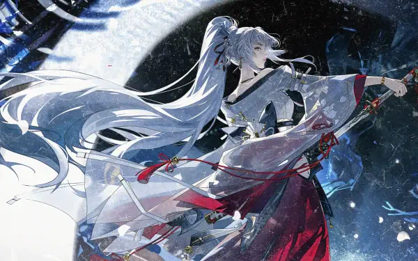 Hiyuki (Wuthering Waves) in a flowing white-and-red kimono, long silver hair and katana against a moonlit, snowy starfield — 4K Ultra HD PC desktop wallpaper and background.