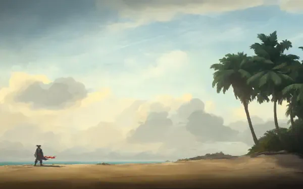 Windrose video game 2K Quad HD PC desktop wallpaper: small cloaked traveler on a wide sandy beach, palms to the right, calm sea and dramatic clouded sky.
